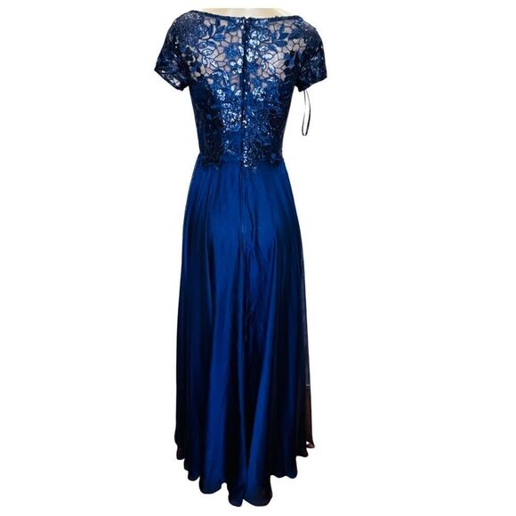 LA FEMME Chiffon Skirt Metallic Lace Evening Dress NWOT - Picture 3 of 8